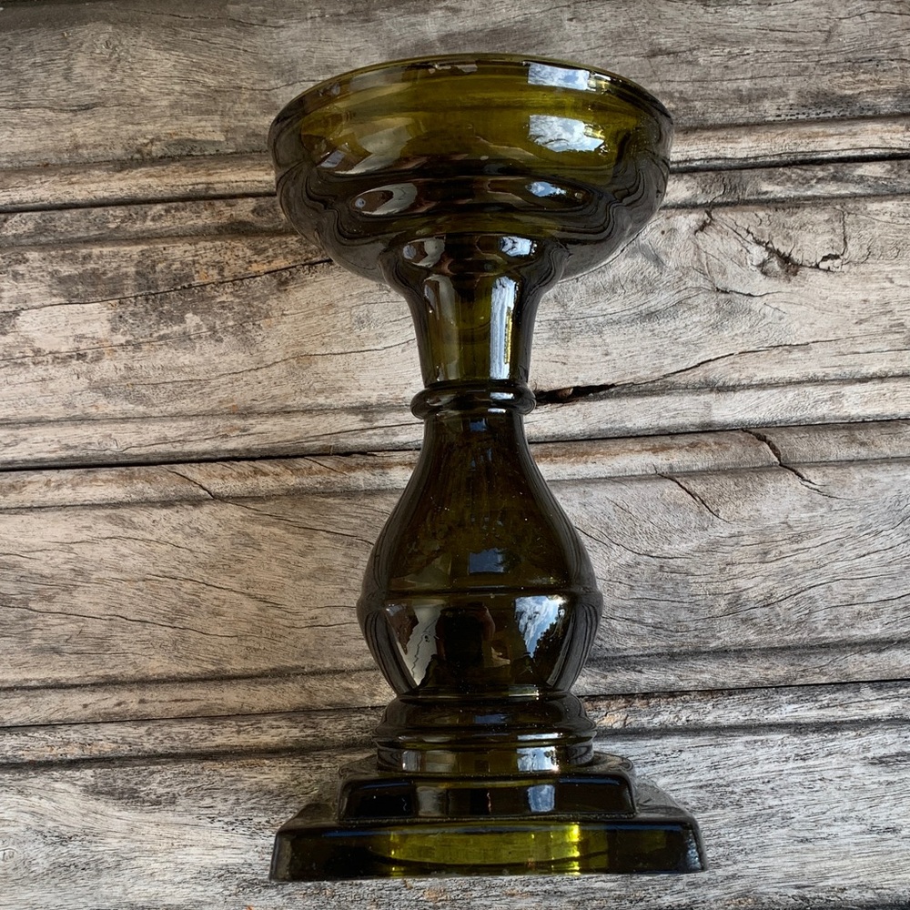 Vintage Smoky Green Glass Pedestal Candle Holder - Picture 5 of 11